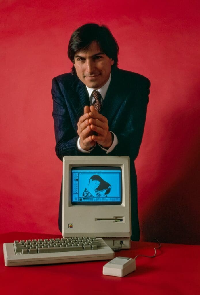 Steve Jobs and Macintosh computer, January 1984, by Bernard Gotfryd