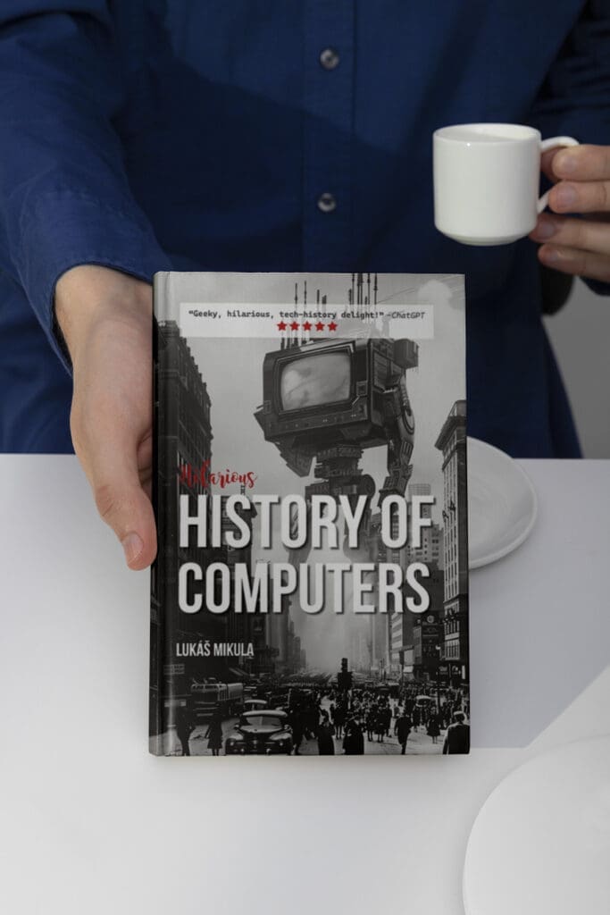 Holding a Hilarious History of Computers book
